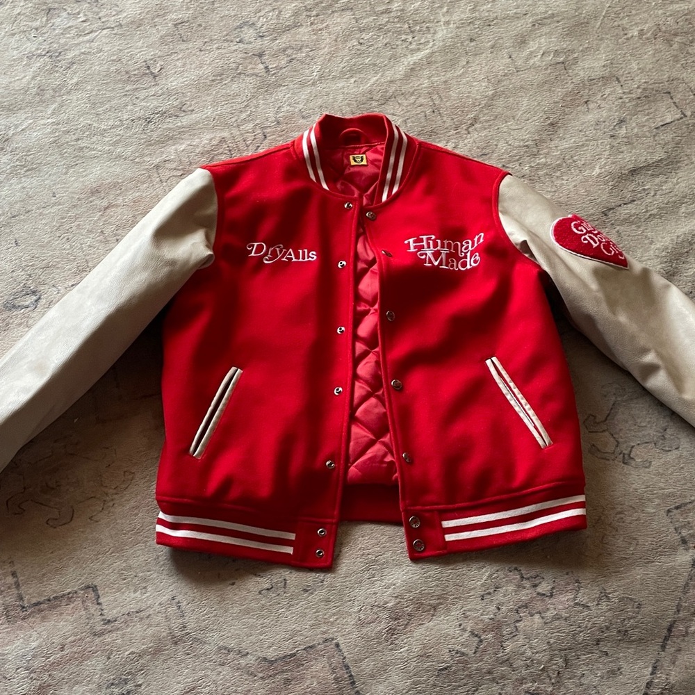 Human Made Red and Cream Letterman Jacket